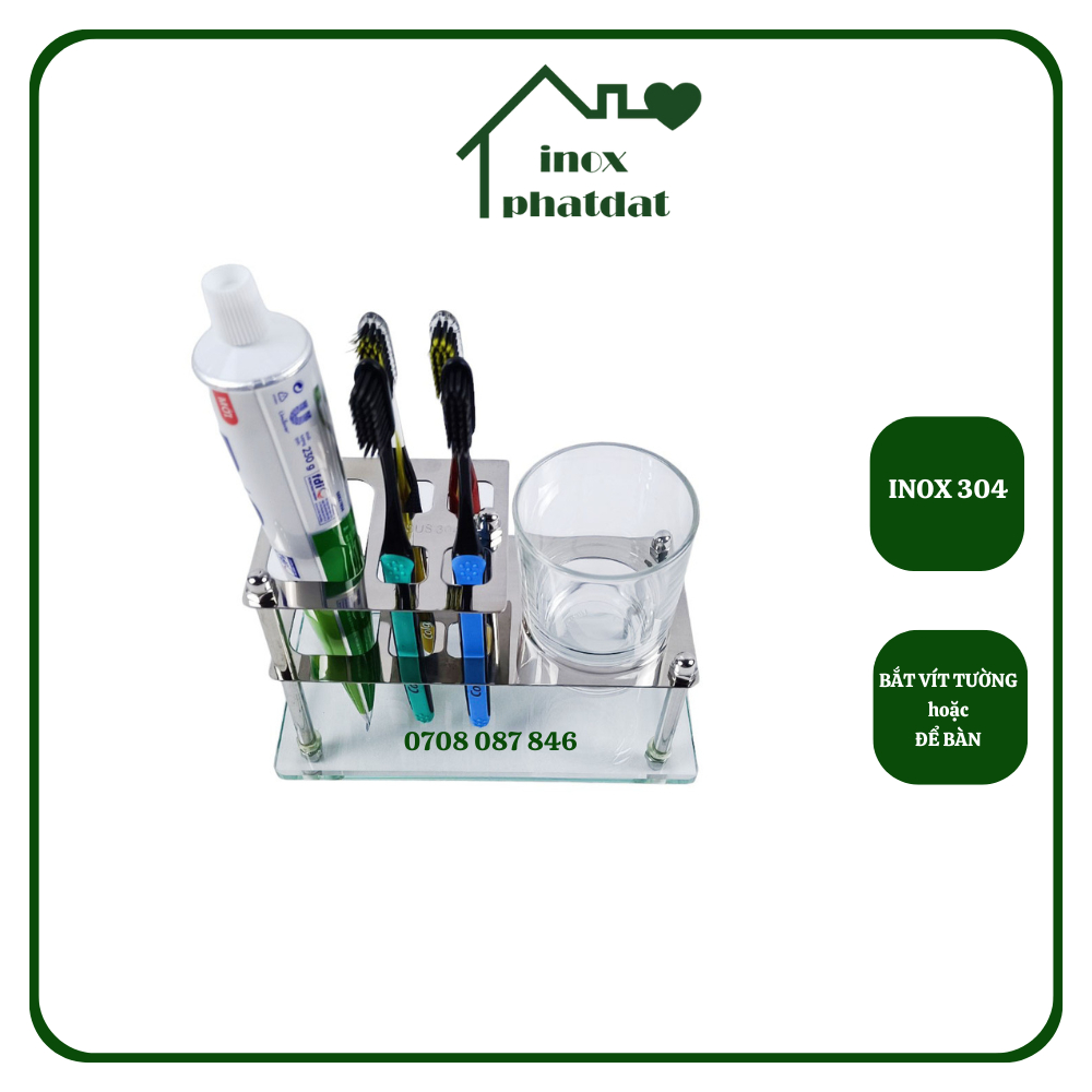 Kệ để bàn chải đánh răng bắt vít treo tường Inox 304 PHÁT ĐẠT, kệ ly súc miệng, giá cắm bàn chải đánh răng (SP124)