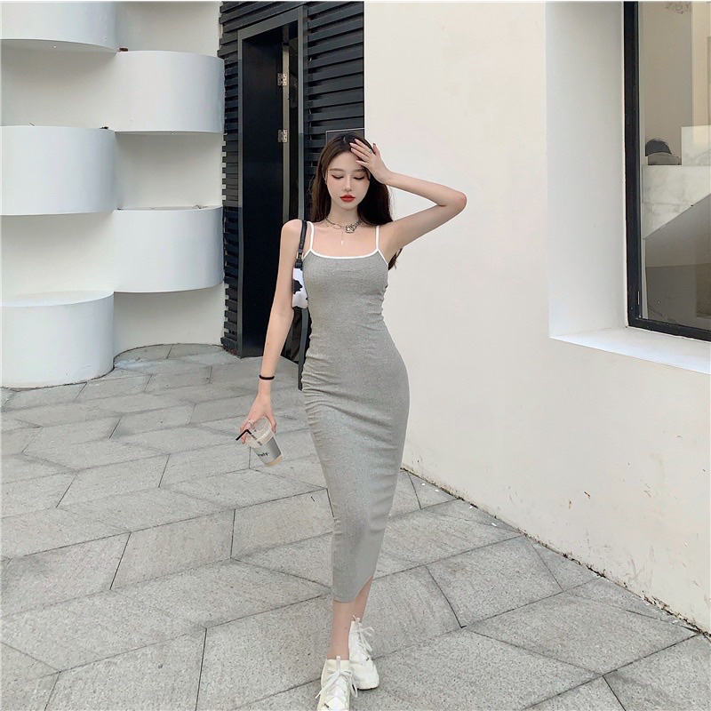 Đầm body thun gân 2 dây xám siêu đẹp