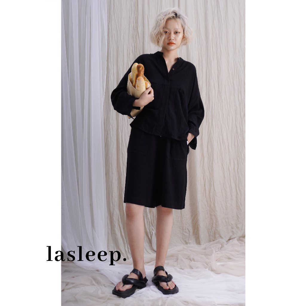 Set Bộ Linen Lửng Unisex “Khò” Linen Cao Cấp Đen - Lasleep.