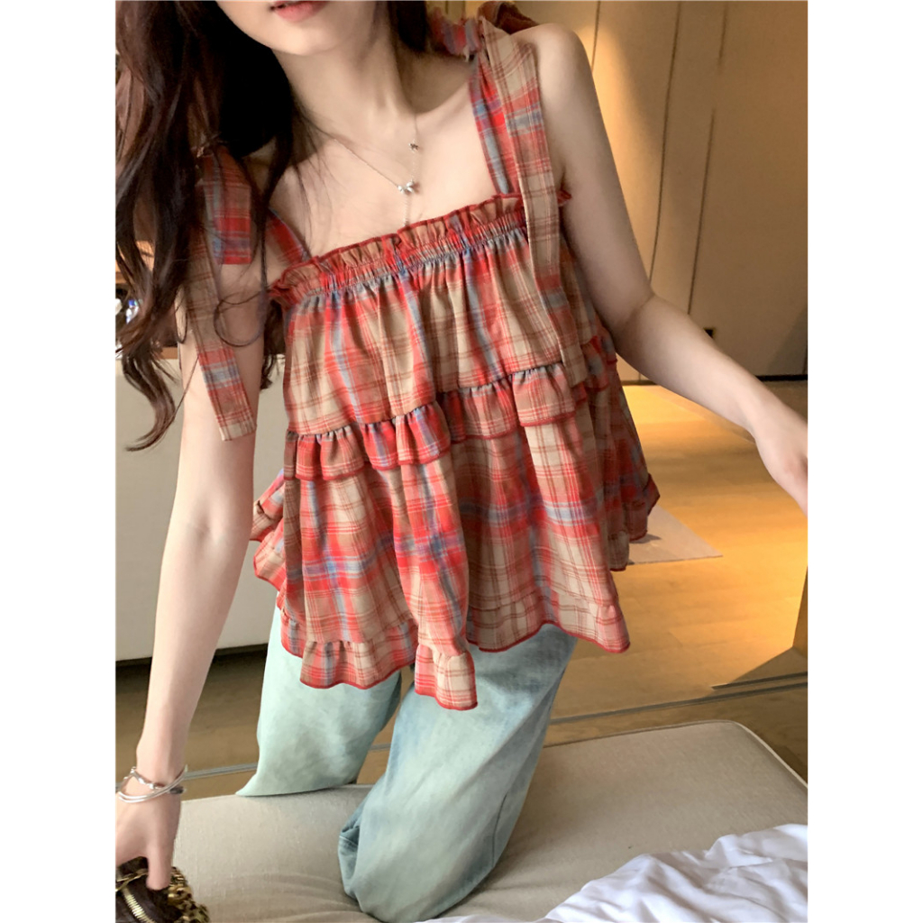 Váy 2 dây caro đỏ vintage dáng dài, đầm dài hai dây sọc caro dáng xoè chữ A bánh bèo tiểu thư 0402H
