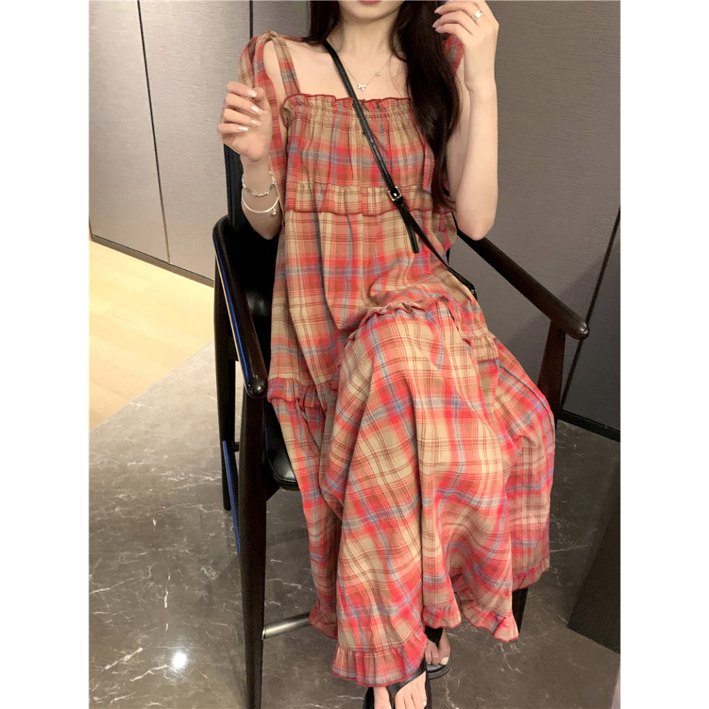 Váy 2 dây caro đỏ vintage dáng dài, đầm dài hai dây sọc caro dáng xoè chữ A bánh bèo tiểu thư 0402H