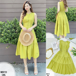 MHV113 Đầm xanh bơ sát nách phối khuy xoè tầng hàng cao cấp