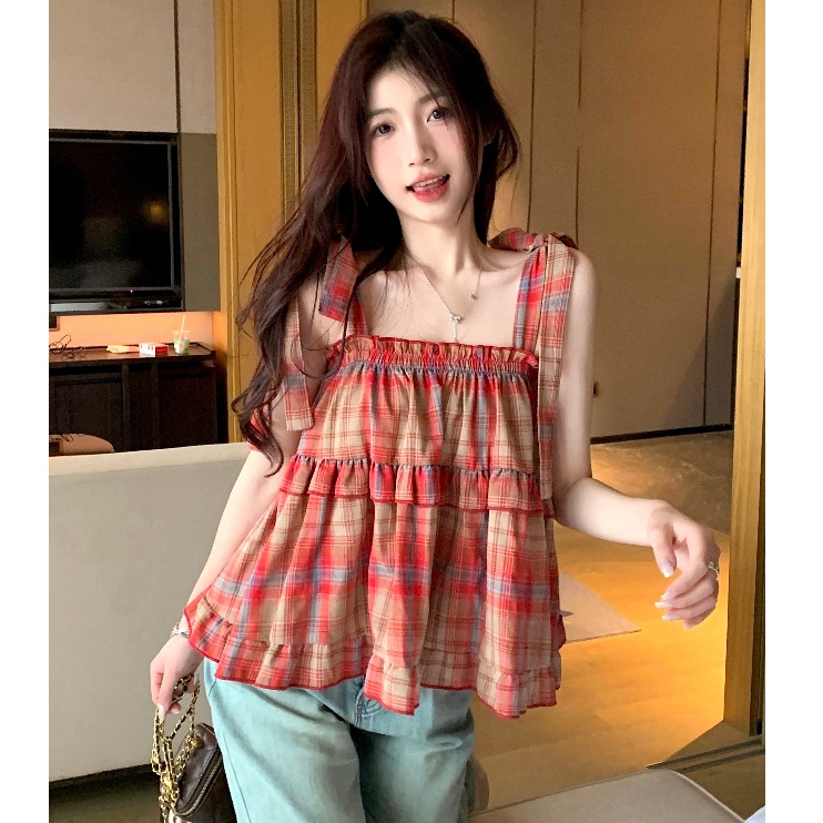 Váy 2 dây caro đỏ vintage dáng dài, đầm dài hai dây sọc caro dáng xoè chữ A bánh bèo tiểu thư 0402H