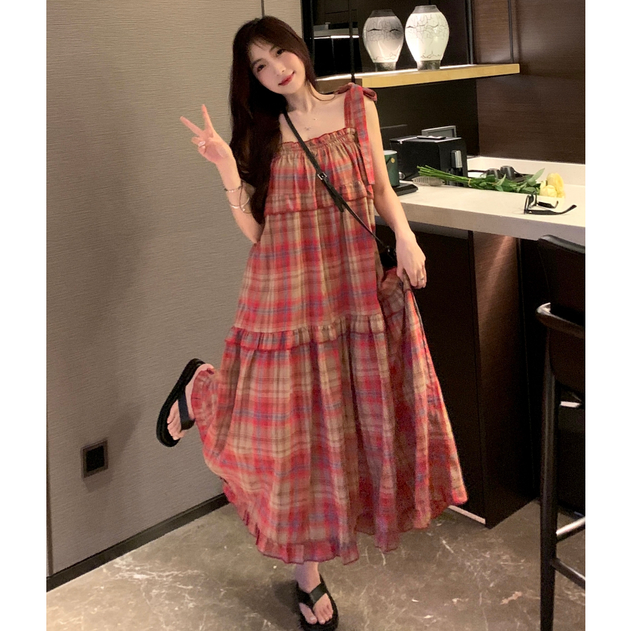 Váy 2 dây caro đỏ vintage dáng dài, đầm dài hai dây sọc caro dáng xoè chữ A bánh bèo tiểu thư 0402H