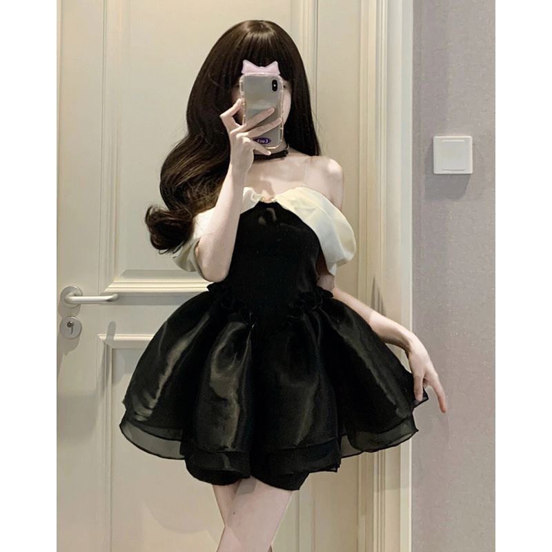 Đầm mini cúp ngực trễ vai dáng xoè phong cách tiểu thư sang chảnh thời trang mùa hè nữ