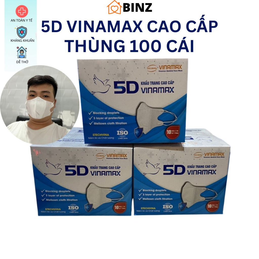 [ SIÊU GIẢM GIÁ] THÙNG 100 Cái Khẩu trang 5D Mask VINAMAX Màu Trắng - Hàng chính hãng ( Bịch 10 cái )