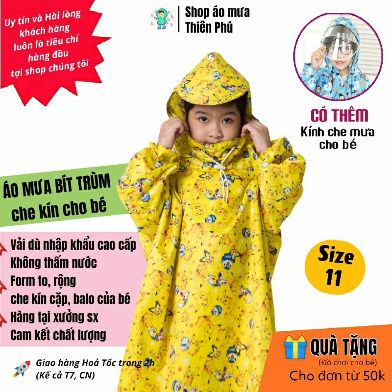 Áo Mưa Trẻ Em 8 đến 15 tuổi, Có mặt nạ che mưa, Vải Dù loại tốt bít kín hông- Size số 11-Thiên Phú Raincoat for Kids