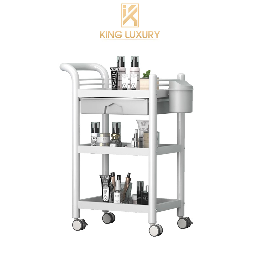 Xe Đẩy 3 Tầng Để Máy Spa, Vật Liệu Mỹ Phẩm, Kệ Đẩy Có Bát Đựng Nước Có Sọt Đựng Rác Tiện Ích. Bền Bỉ