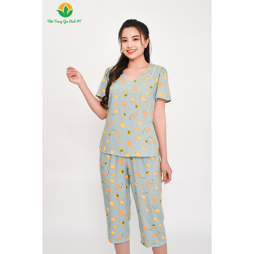 Bộ mặc nhà quần lửng áo cộc tay nữ chất lanh tole Việt Thắng B06.2306