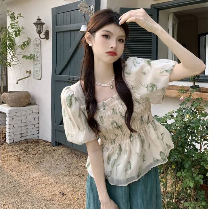 Áo sơ mi nữ cổ vuông tay ngắn bồng chất voan, sơ mi nữ kiểu chun eo vintage tay phồng hàn quốc 0317J