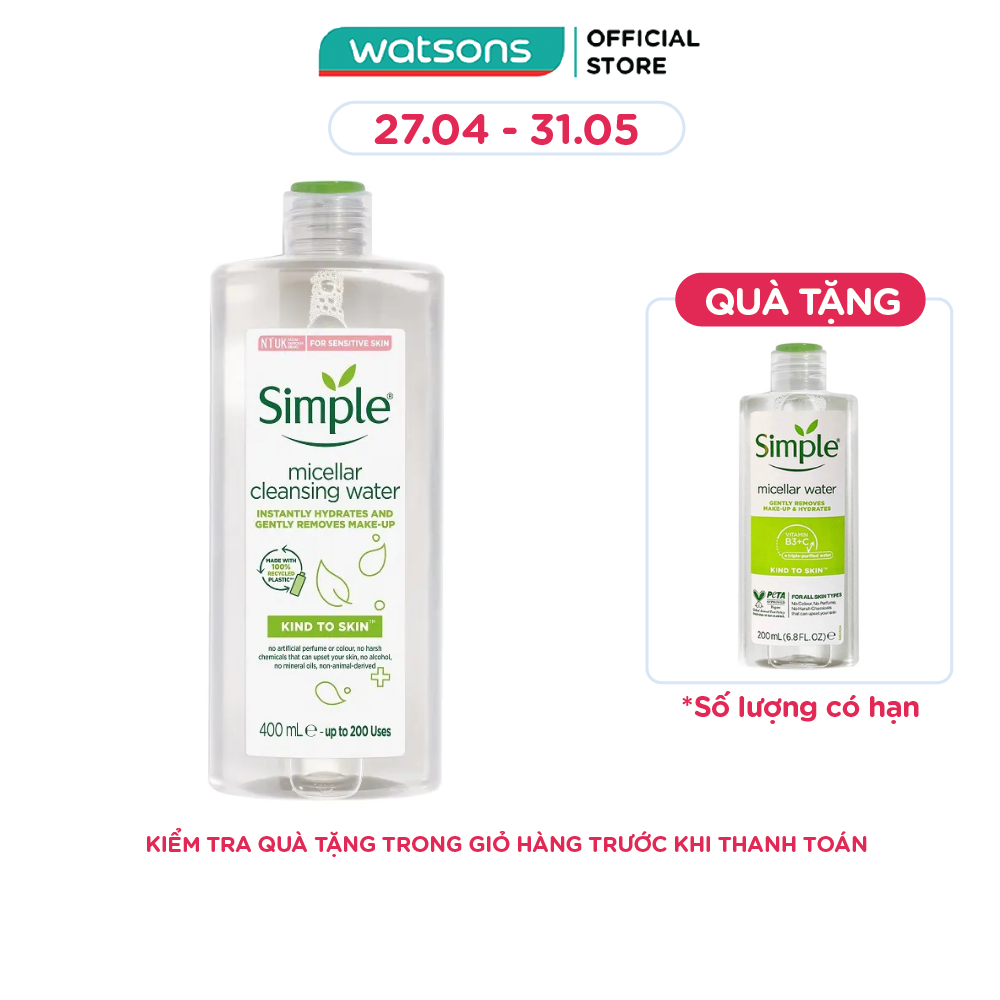Nước Tẩy Trang Simple Dịu Nhẹ Làm Sạch Lớp Trang Điểm Và Cấp Ẩm Cho Da 400ml