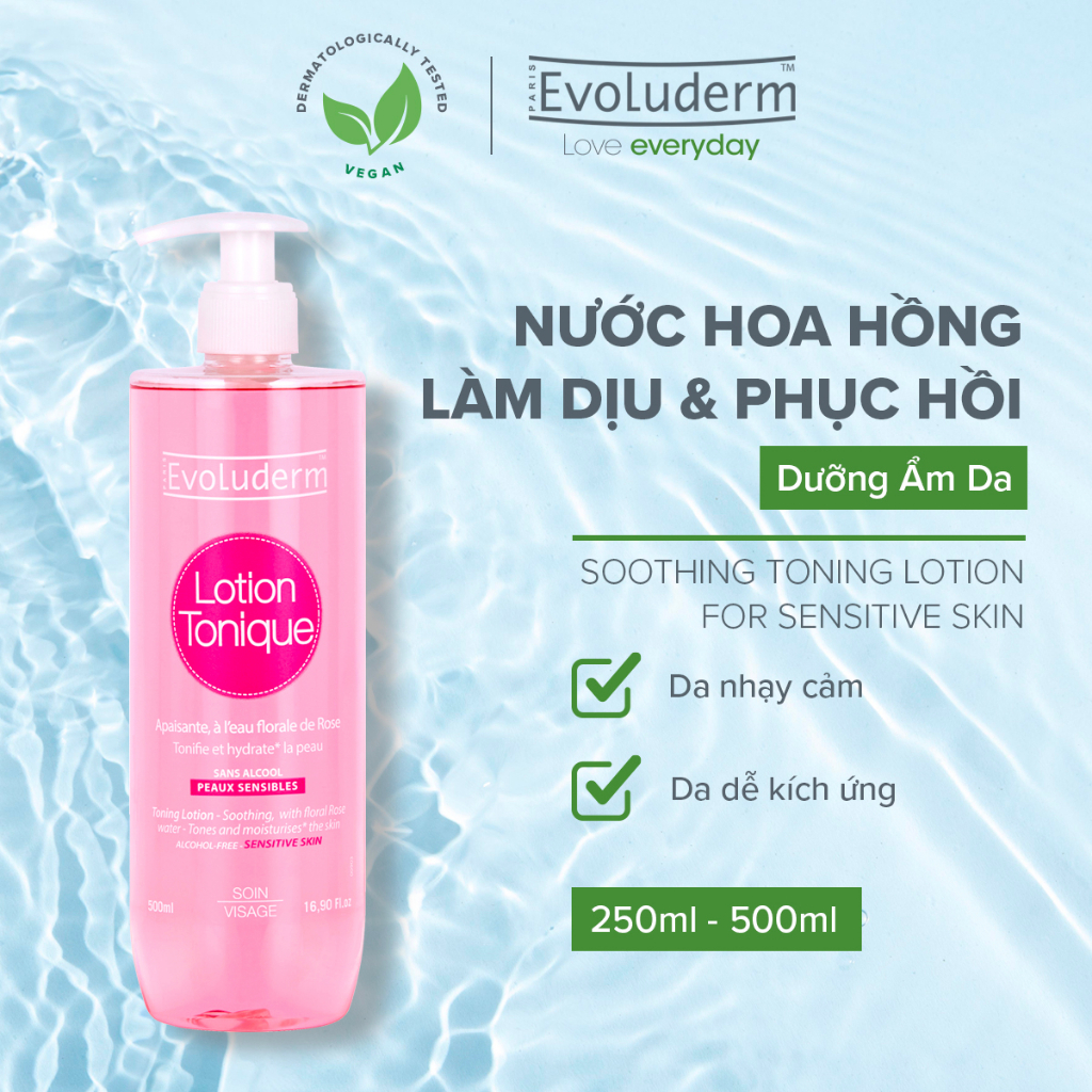 Nước hoa hồng Evoluderm Lotion Tonique dưỡng ẩm và làm sạch da dành cho da nhạy cảm 500ml