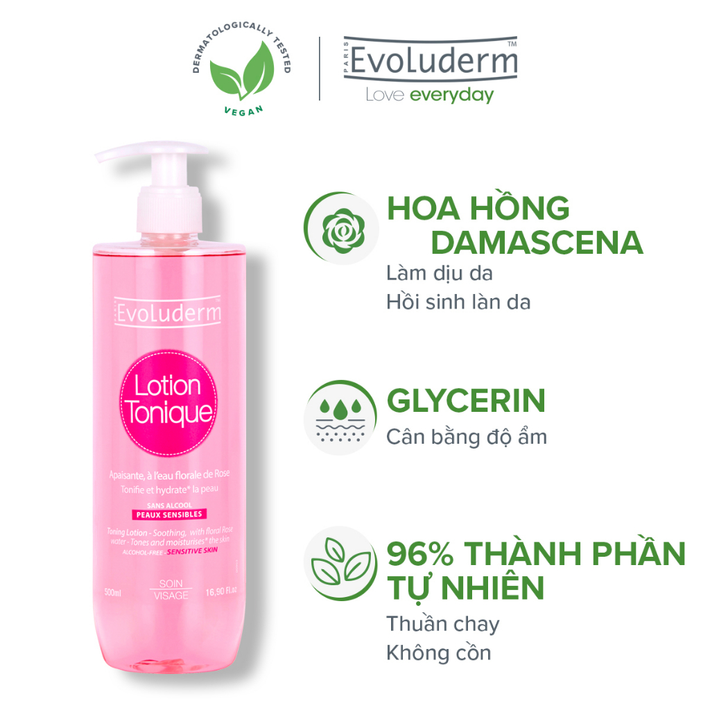 Nước hoa hồng Evoluderm Lotion Tonique dưỡng ẩm và làm sạch da dành cho da nhạy cảm 500ml