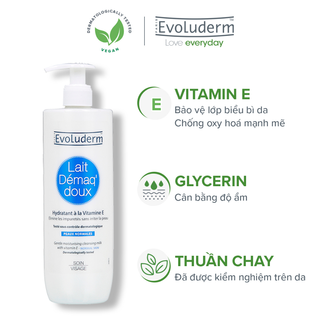 Sữa rửa mặt Evoluderm bổ sung Vitamin E giúp dưỡng ẩm và làm tươi trẻ làn da 500ml