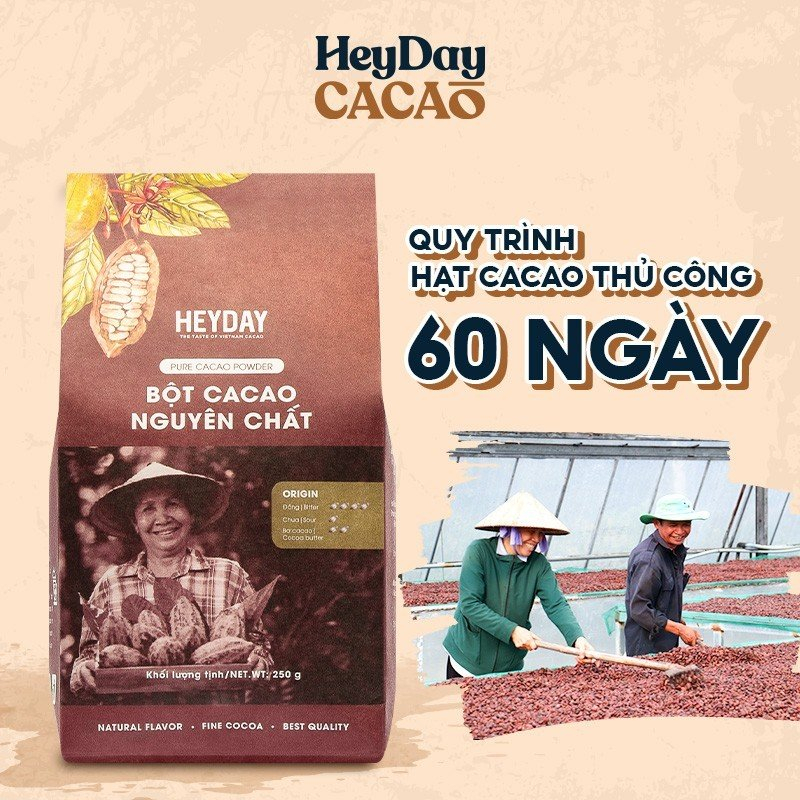 Bột cacao nguyên chất 100% không đường Heyday - Dòng Origin thượng hạng - Túi giấy 250g