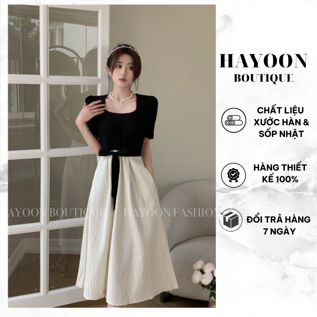 Đầm Công Sở HAYOON Thiết Kế Cổ Vuông Cách Điệu, Thắt Eo, Chân Váy Xòe Sang Chảnh, Chất Cao Cấp Co Giãn Nhẹ Mã D030