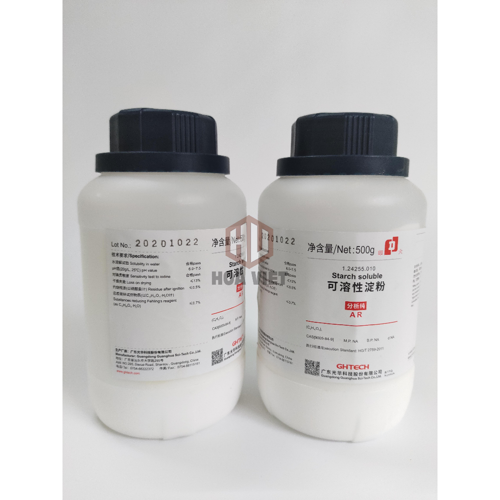 Hóa chất Starch soluble (tinh bột tan, hồ tinh bột ) - (C6H10O5)n CAS:9005-84-9 Xilong, Sơn Đầu lọ 500g