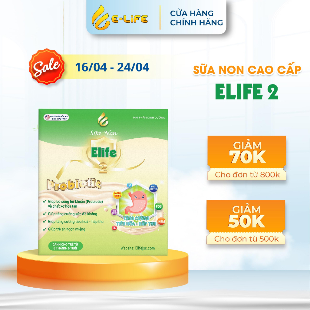 Sữa non Elife 2 Probiotic dành cho trẻ biếng ăn, táo bón từ 06 tháng - 6 tuổi