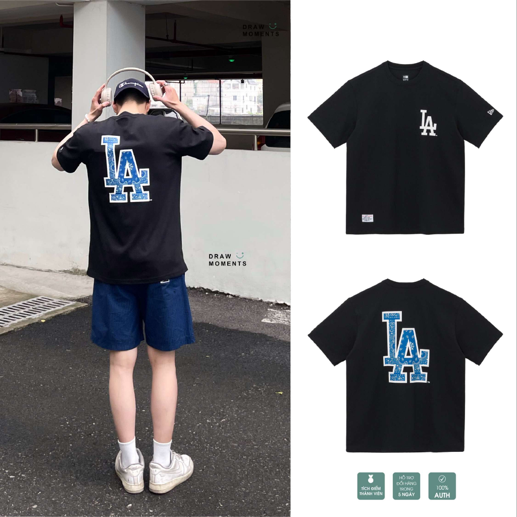 ÁO THUN NEW ERA NAM NỮ UNISEX HỌA TIẾT LỚN LA MÀU ĐEN DÁNG RỘNG TAY LỠ CHÍNH HÃNG PHONG CÁCH HÀN QUỐC