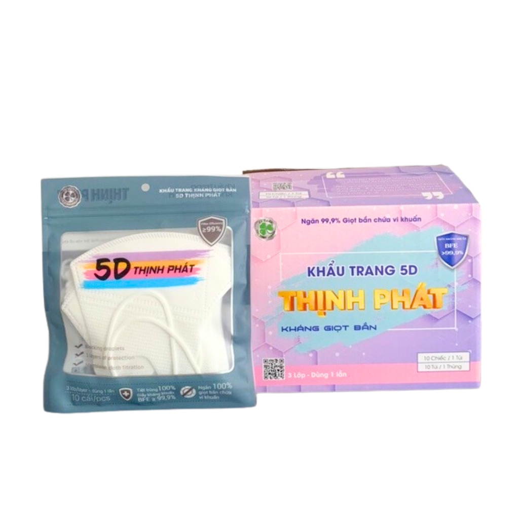 Khẩu Trang Kháng Khuẩn 5D Thịnh Phát 3 Lớp Cao Cấp Chống Bụi Mịn, Ngăn Giọt Bắn Hiệu Quả Bịch 10 Chiếc