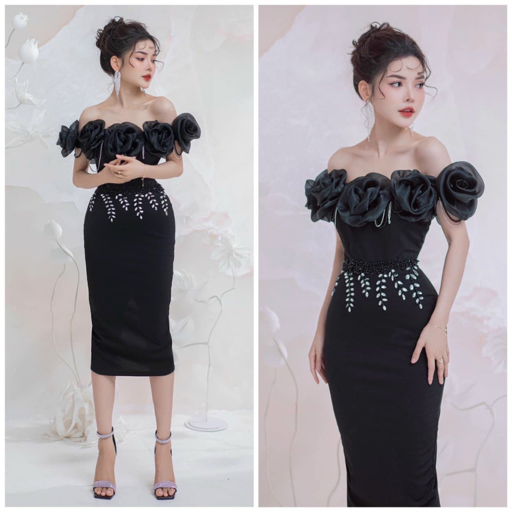 Đầm body dự tiệc TRIPBLE T DRESS bẹt vai hoa hồng kết đá - Size S/M/L - MS298Y