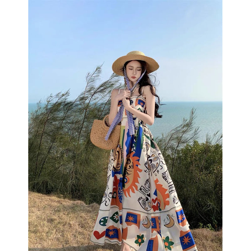 Đầm Maxi Hoạ Tiết Thổ Cẩm Đi Biển Phong Cách Boho Mã 888