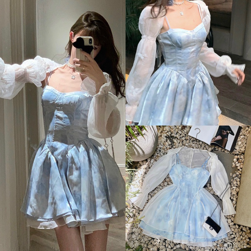 ĐẦM HOA TAY PHỒNG CUTOUT NƠ LƯNG