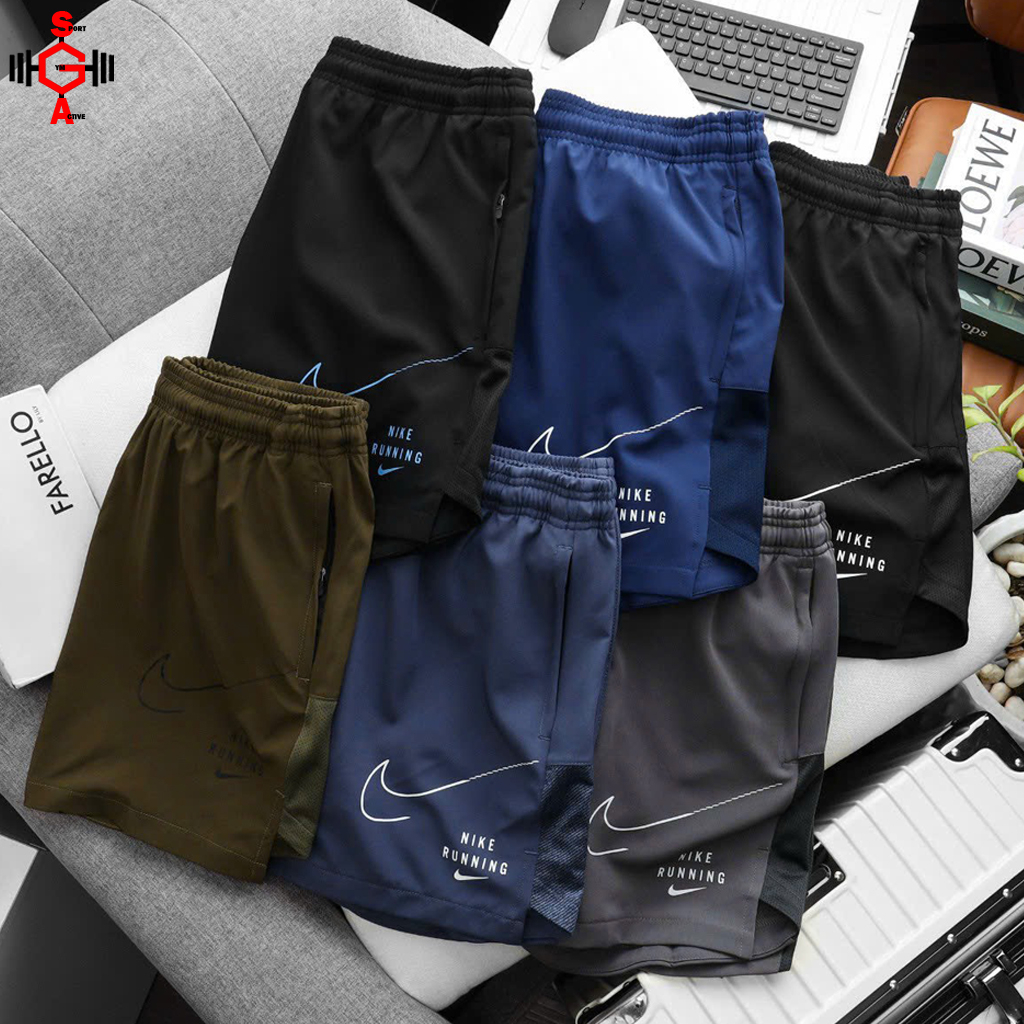 Quần short nam tập gym quần đùi thể thao chạy bộ ngắn trên gối chất xi (dù) short Nike running phối sọc lưới gym nam