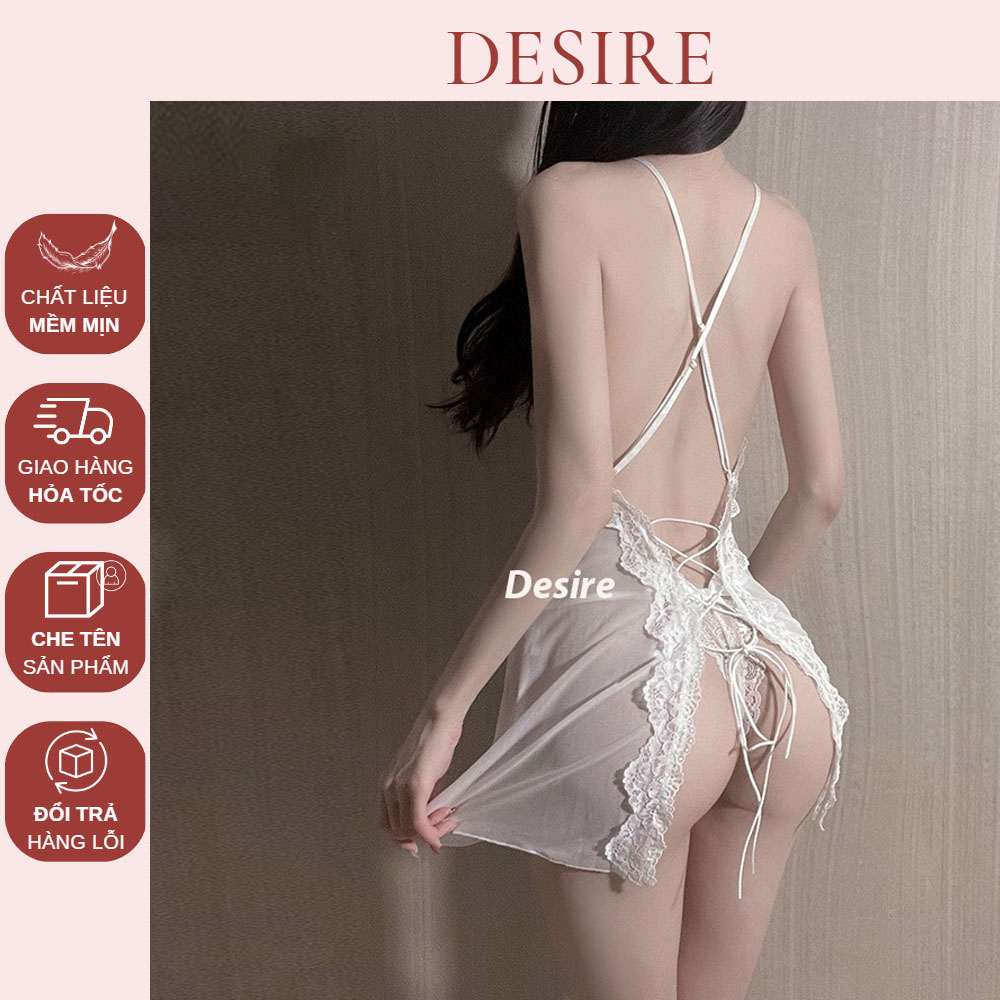 Váy ngủ hai dây ren xuyên thấu xẻ sau sexy kèm quần chip VN-807
