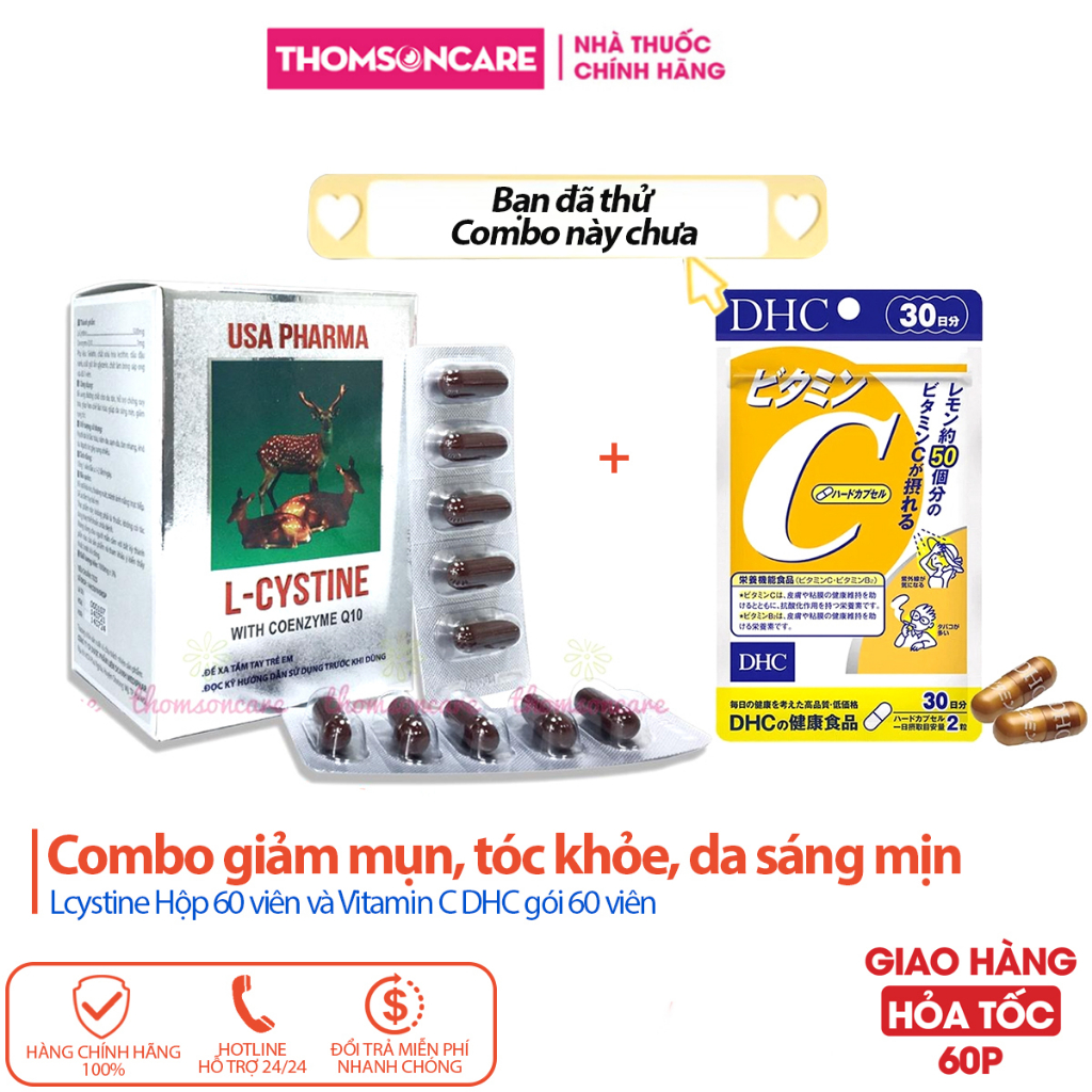 Combo trắng da Lcystine và DHC Vitamin C giúp đẹp da, giảm rụng tóc - Bổ sung vitamin c, Coenzym Q10 - Thomsoncare