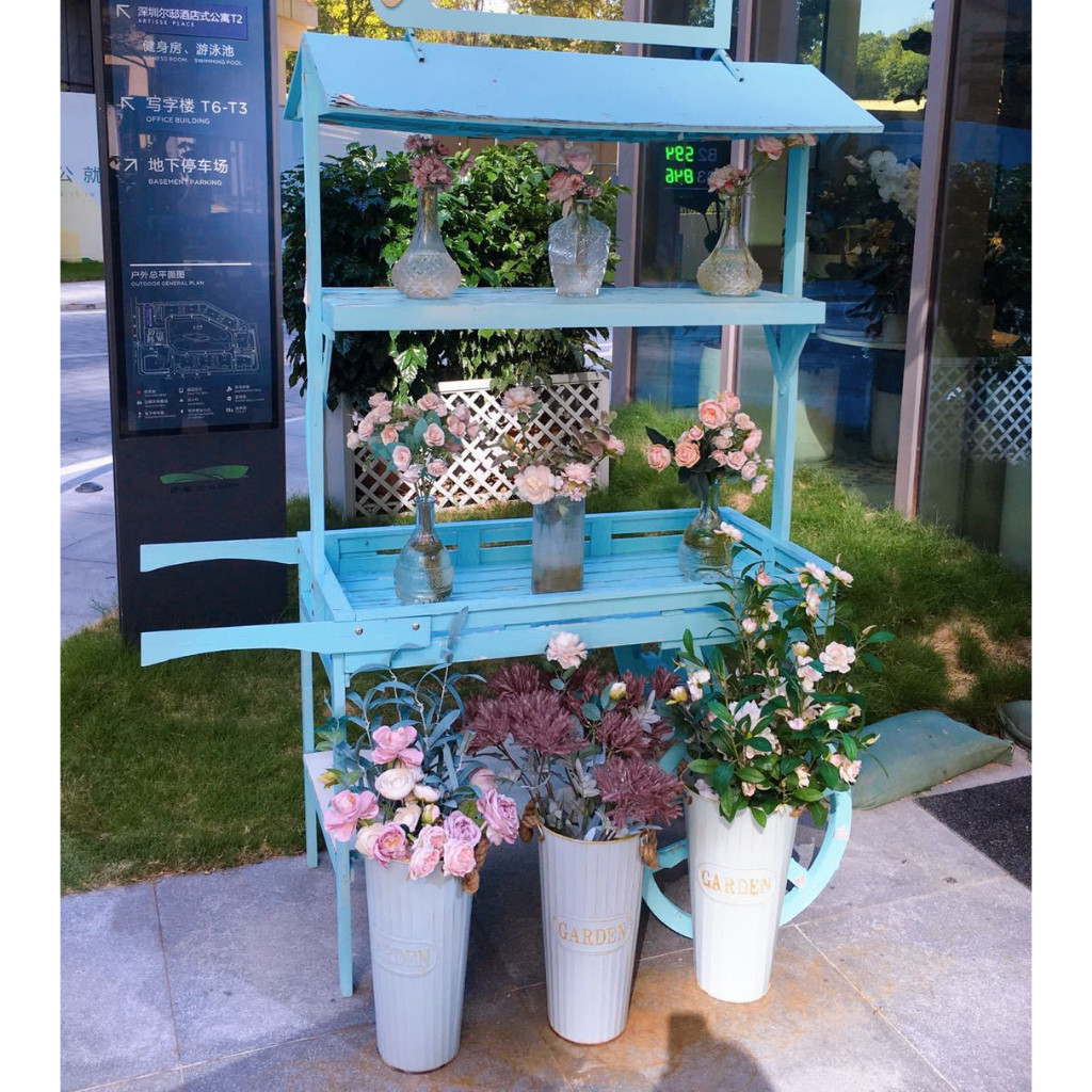 Kệ xe đựng hoa 3 tầng để đồ decor tiệm hoa nhà hàng góc quán, decor sân vườn vintage