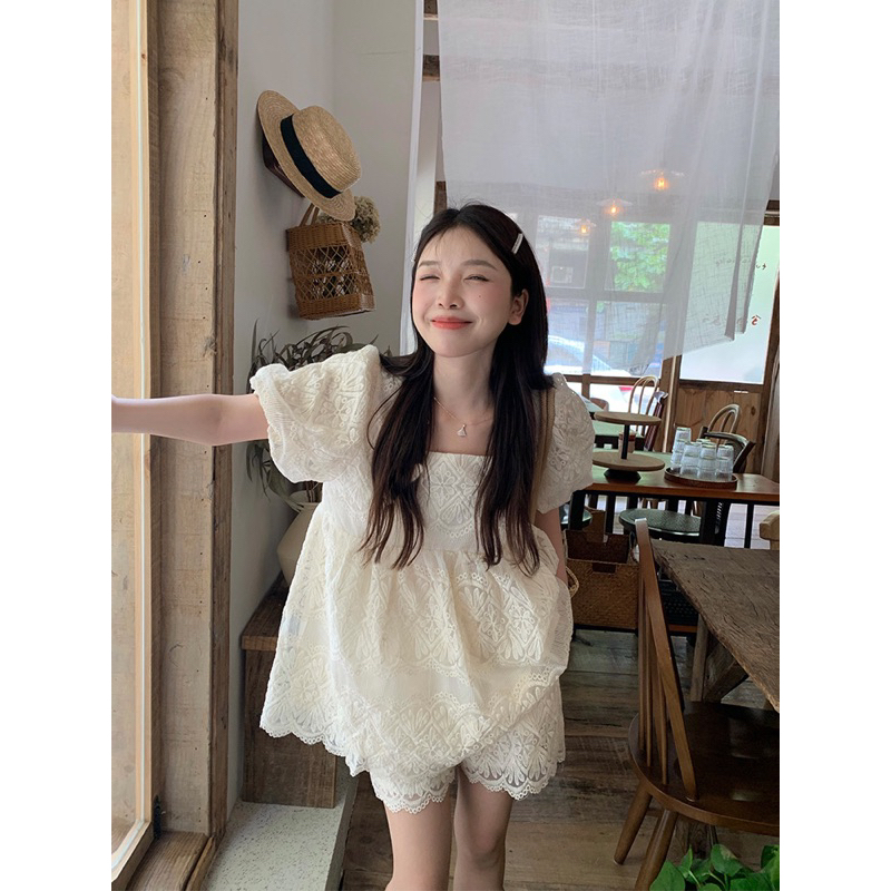 (Order) Set áo baby doll ren tay phồng nữ cổ vuông màu kem và quần ren cạp chun phong cách tiểu thư Hàn Quốc hot ulzzang