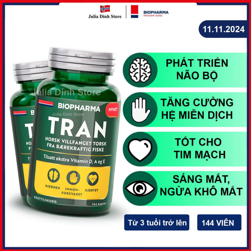 Dầu cá Omega 3 và Vitamin A,D,E BIOPHARMA TRAN nội địa Na Uy - hộp 144 viên