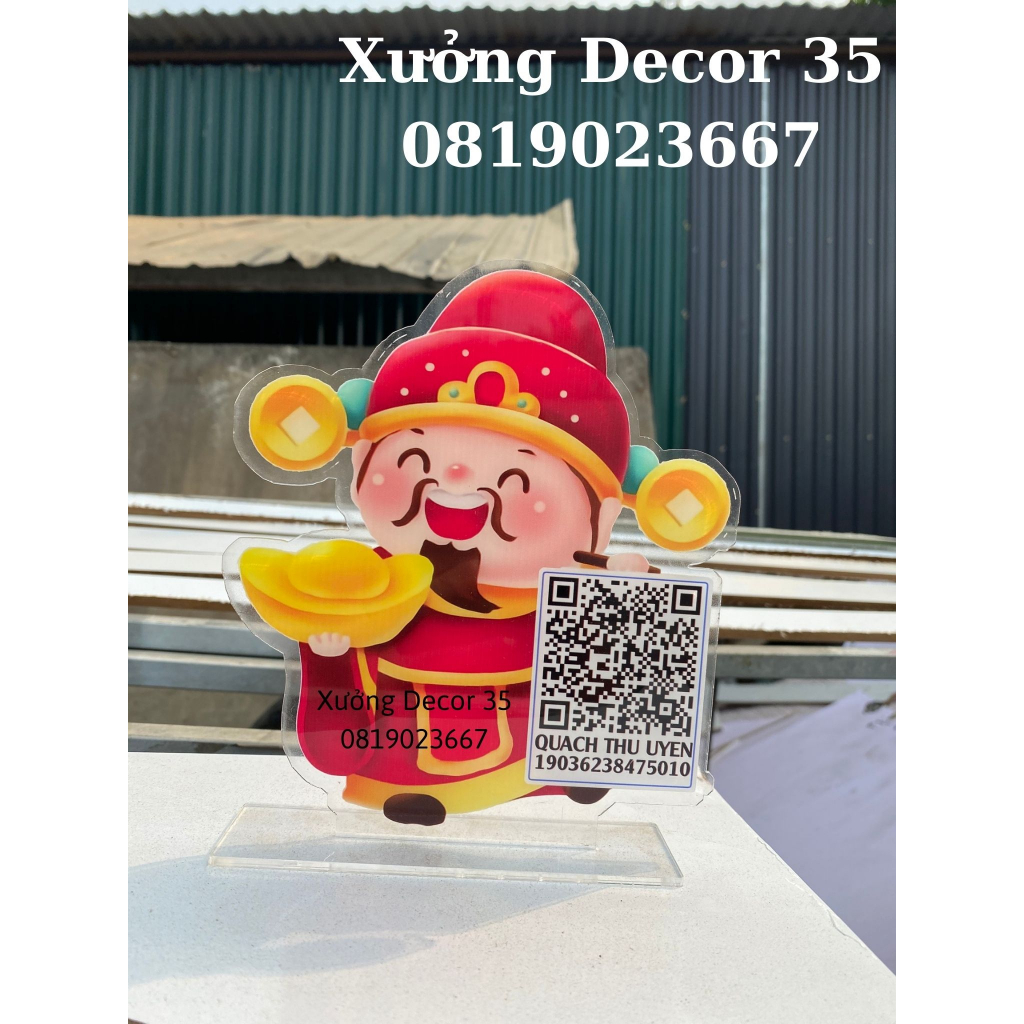 Bảng tài khoản ngân hàng, mã QR, thanh toán, chuyển khoản, tên shop để bàn hình ông thần tài,chất liệu Mica