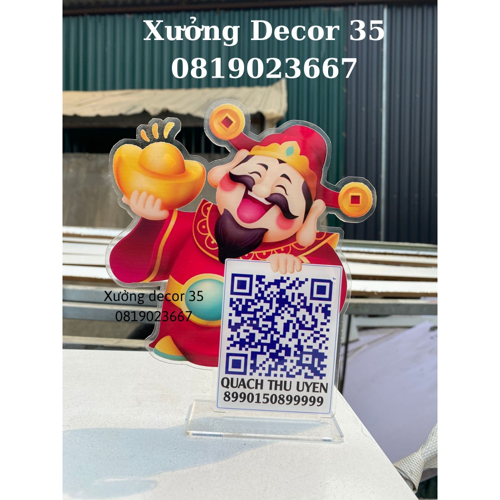 Bảng tài khoản ngân hàng, mã QR, thanh toán, chuyển khoản, tên shop để bàn hình ông thần tài,chất liệu Mica
