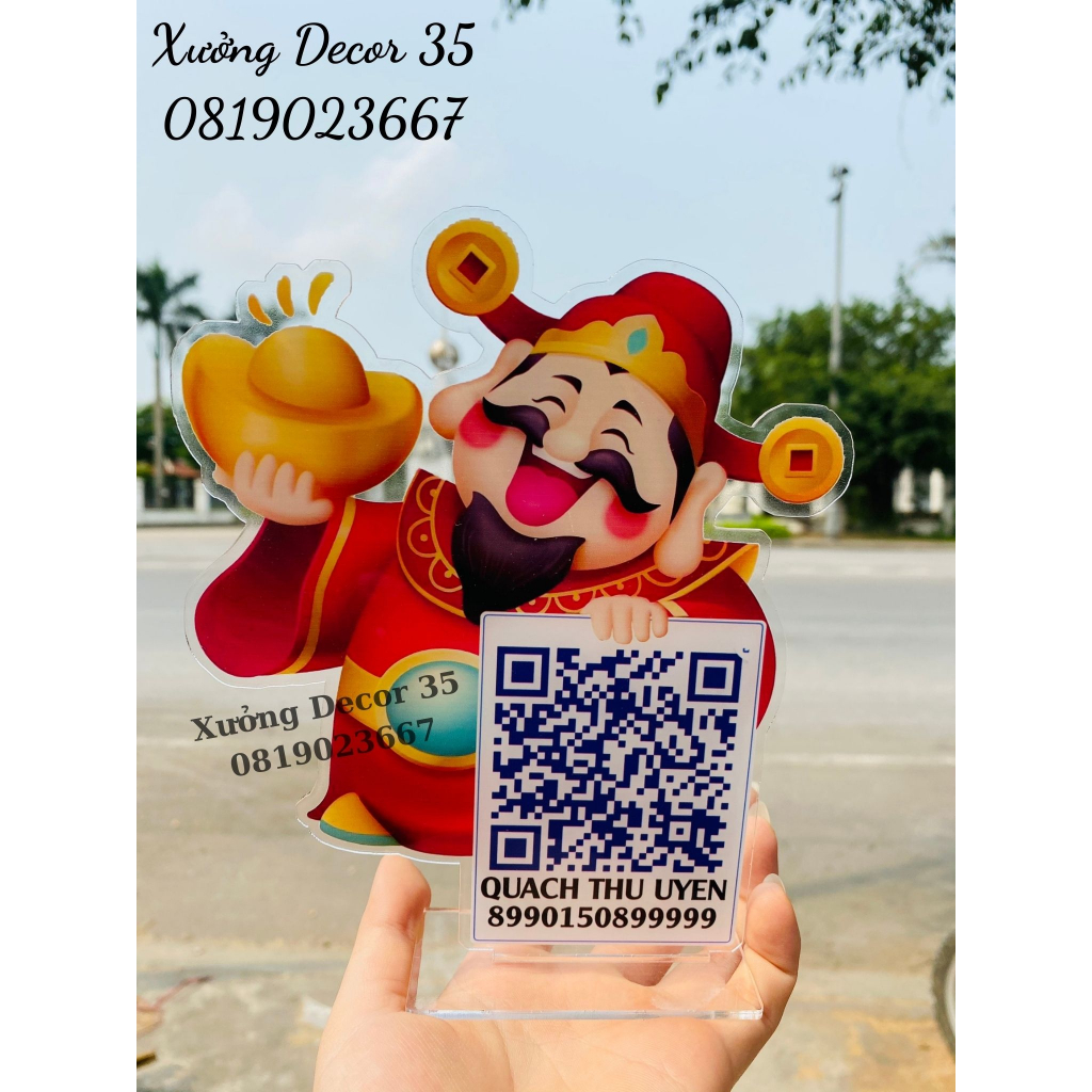 Bảng tài khoản ngân hàng, mã QR, thanh toán, chuyển khoản, tên shop để bàn hình ông thần tài,chất liệu Mica