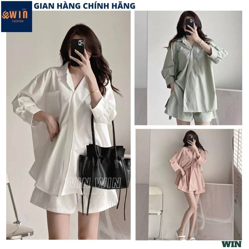 Set sơ mi cúc lệch tay bồng kèm quần short trẻ trung, Bộ 2 món áo sơ mi trơn cách điệu phối quần suông năng động - WIN