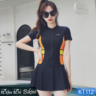 Đồ bơi nữ size lớn, áo tắm big size dáng váy liền thân dấu bụng cho người béo mập, mẫu khoá kéo cộc tay trẻ trung| KT112