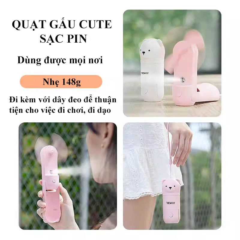 Quạt tích điện cầm tay phun sương gấp gọn gấu cute REKKY nhỏ gọn, thời gian sử dụng lên đến 10h [HÀNG CHÍNH HÃNG]