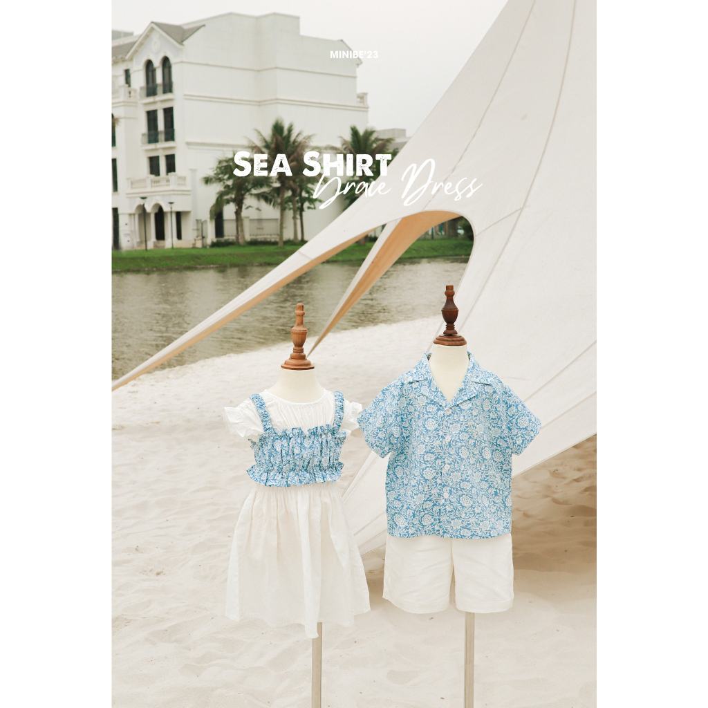 Set đồ hè màu xanh mát mẻ cho bé trai và bé gái từ 12m - 6y chất liệu thô cotton - Sea Shirt & Grace Dress by Minibe