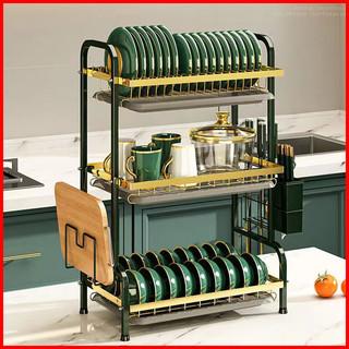 Kệ đựng chén bát đĩa 3 tầng cao cấp 43x25x61cm - Giá úp bát đĩa kèm 3 khay hứng nước, ống cắm đũa thìa, kệ để thớt