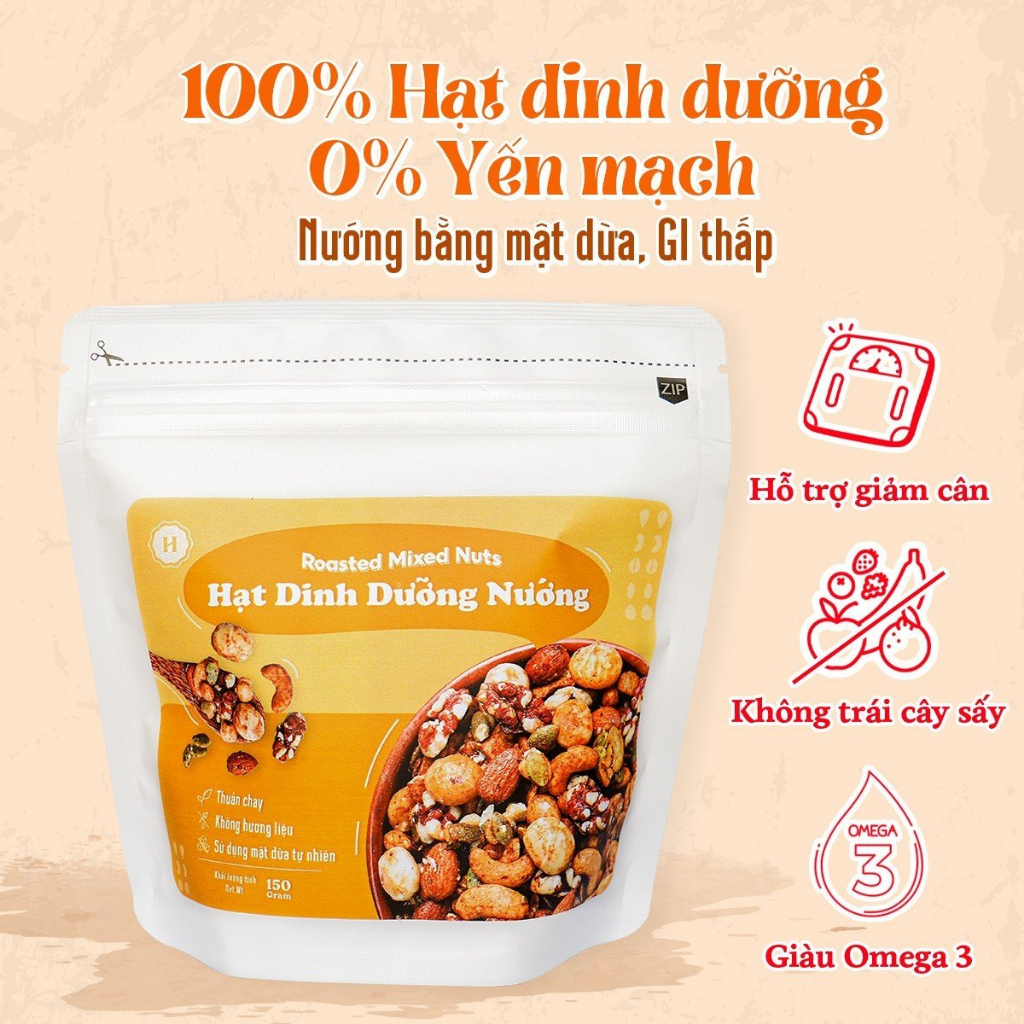 Hạt dinh dưỡng nướng mật dừa, nguyên hạt, không yến mạch - Túi 150g/400g - GI thấp, hỗ trợ giảm cân - Heyday