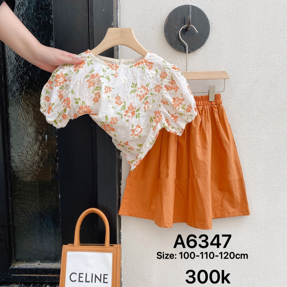 Đồ bộ bé gái áo sơ mi hoa cam + váy cam A6347 ( HÀNG QUẢNG CHÂU)