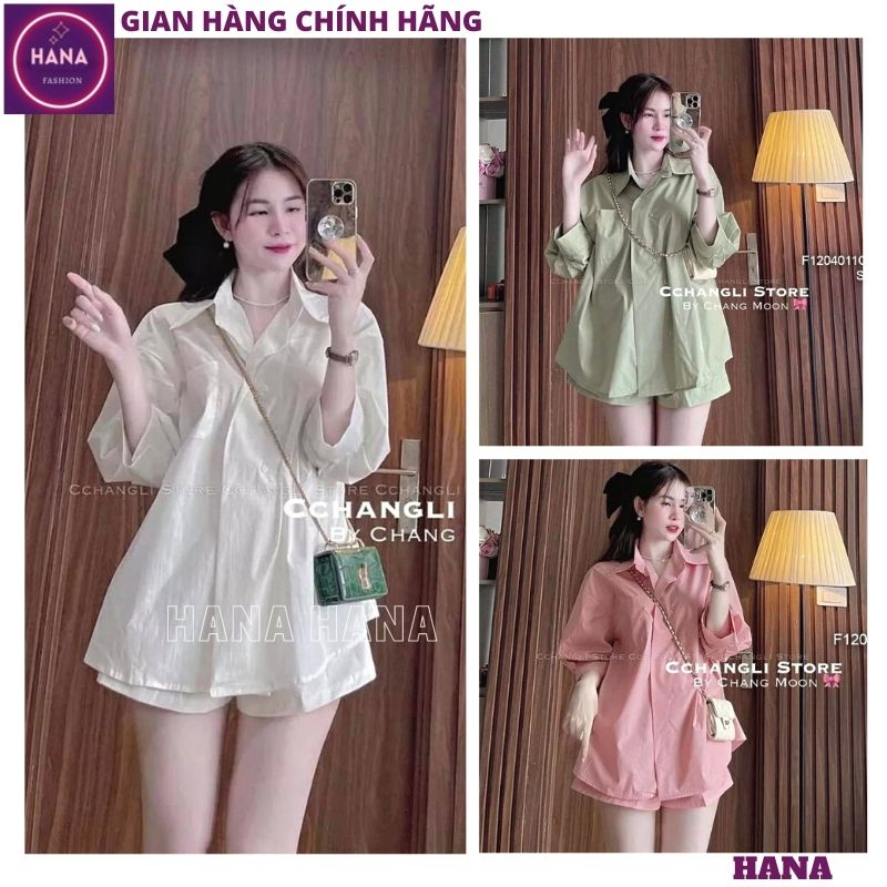 Set sơ mi cúc lệch tay bồng kèm quần short trẻ trung, Bộ 2 món áo sơ mi trơn cách điệu phối quần suông năng động - HANA