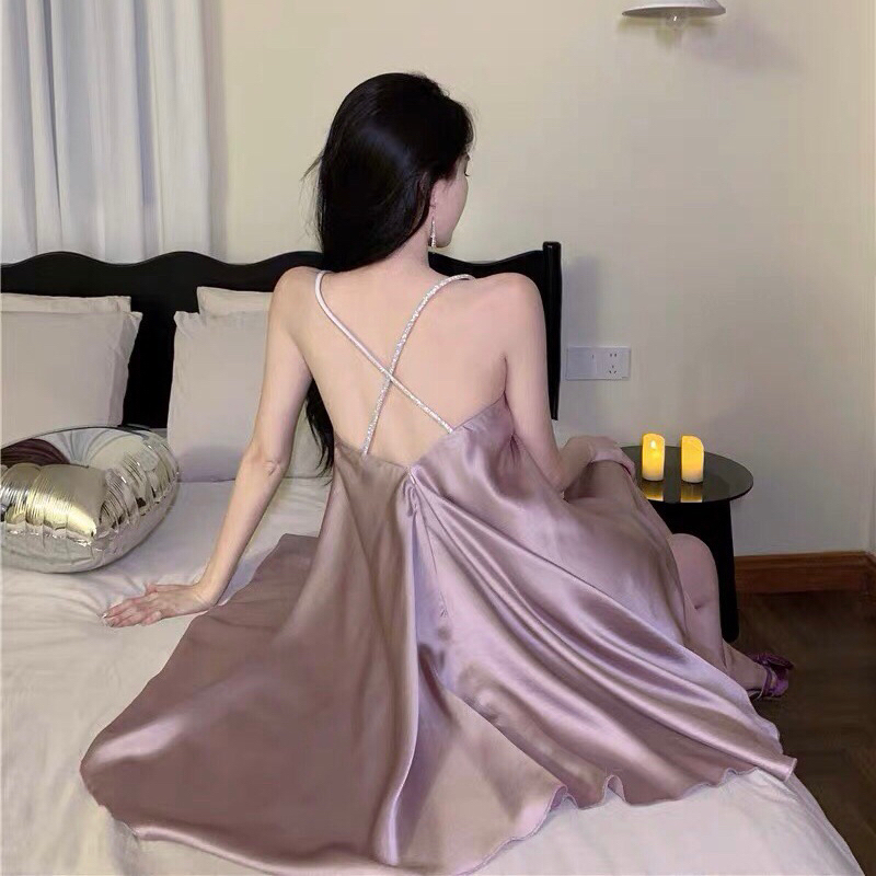 Váy lụa 2 dây cao cấp Andu Store, đầm lụa 2 dây màu tím QC tag đá