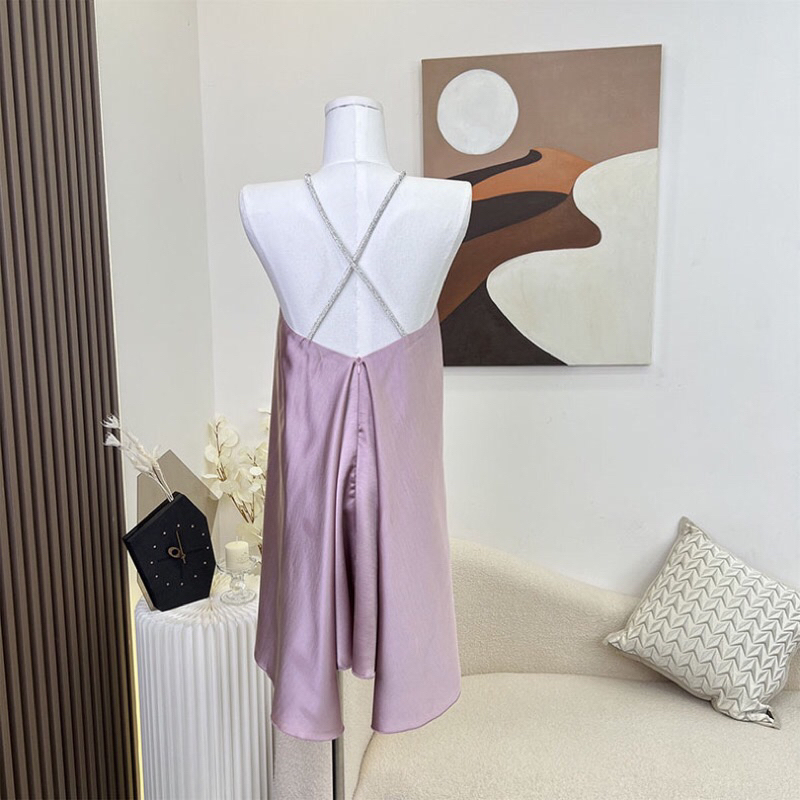 Váy lụa 2 dây cao cấp Andu Store, đầm lụa 2 dây màu tím QC tag đá