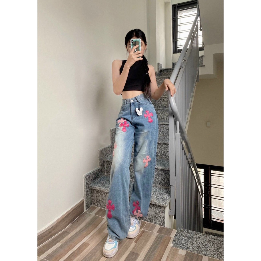 Quần Jean Nữ Ống Rộng Cạp Cap Chữ Thêu Thánh Giá Chất Vải Dày Dặn Quần Jean Nữ Hàng Quảng Châu Thương Hiệu Bluecat