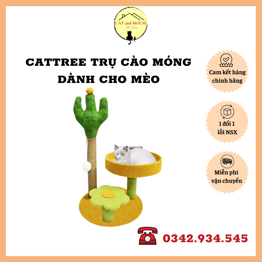 Cattree nhà cây trụ cào móng, ổ nằm và khung leo dành cho mèo hình cây xương rồng cute kích thước lớn