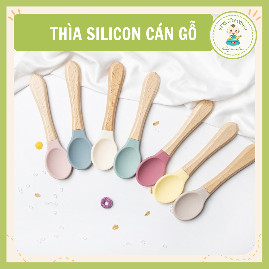 Thìa ăn dặm silicon cán gỗ cho bé, muỗng silicon