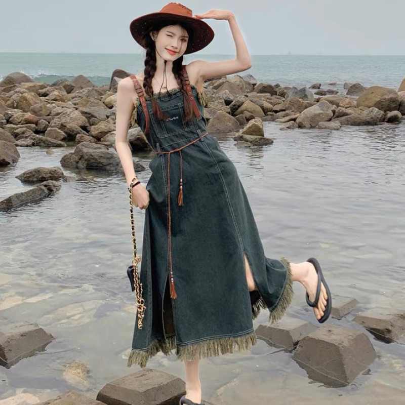 Váy hai dây denim jeans dáng dài xẻ tà chiết eo cao cột dây vintage hoang dã phù hợp du lịch dạo phố